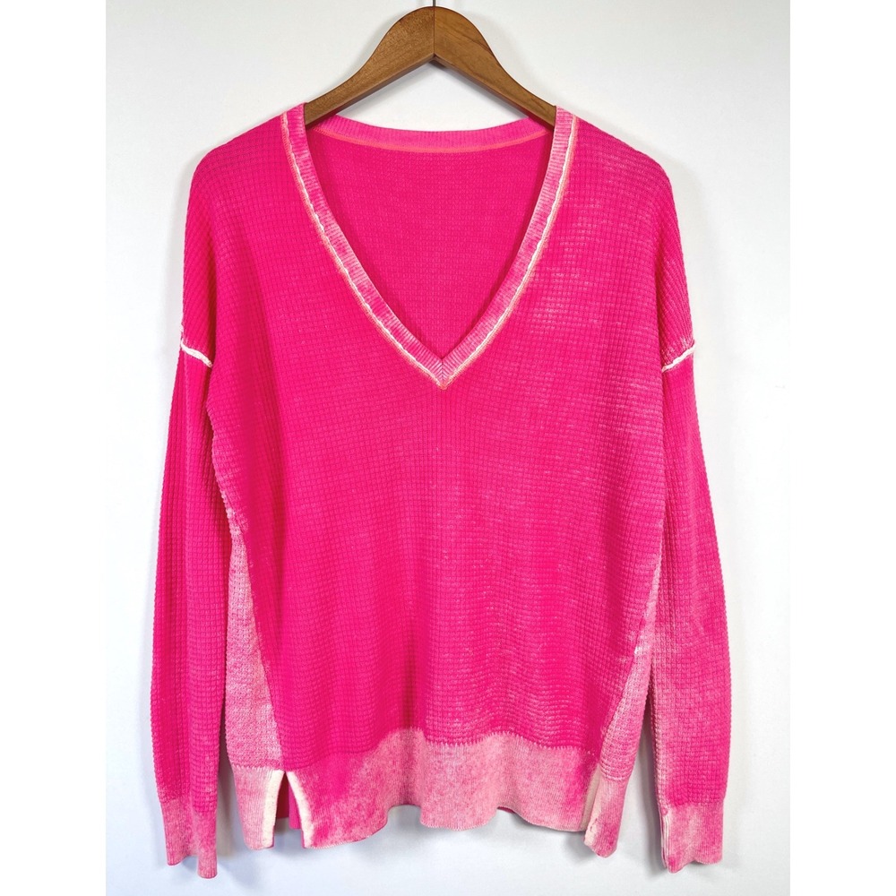 Sundance Waffle Knit V-Neck Thermal Top L Pink Boho Beachy Coastal Barbiecore